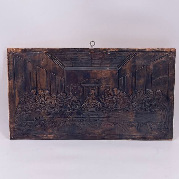 Embossed LAST SUPPER on Copper Tin 20x11 inches Mounted Nailed on Wood Vintage - Picture 1 of 15